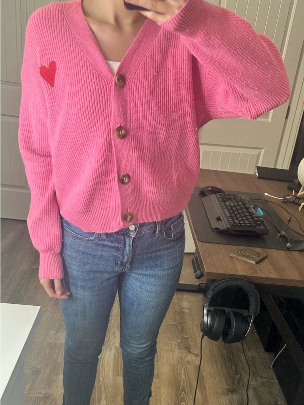 A New Day Pink V-Neck Cardigan with Red Heart Patch